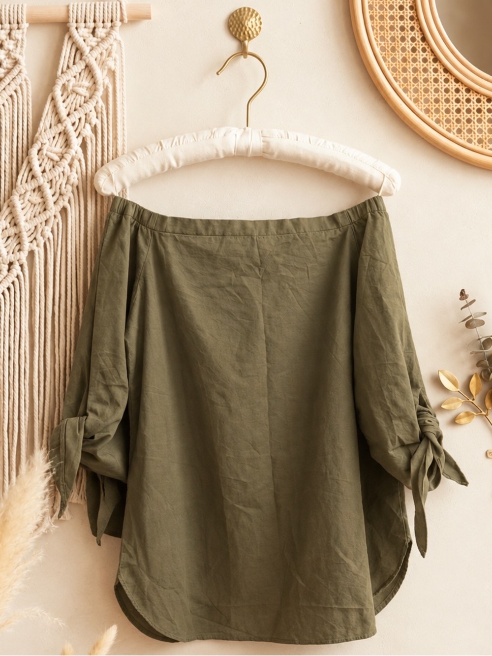 Rafaella Olive Off-Shoulder Tie Sleeve Tunic/Mini Dress